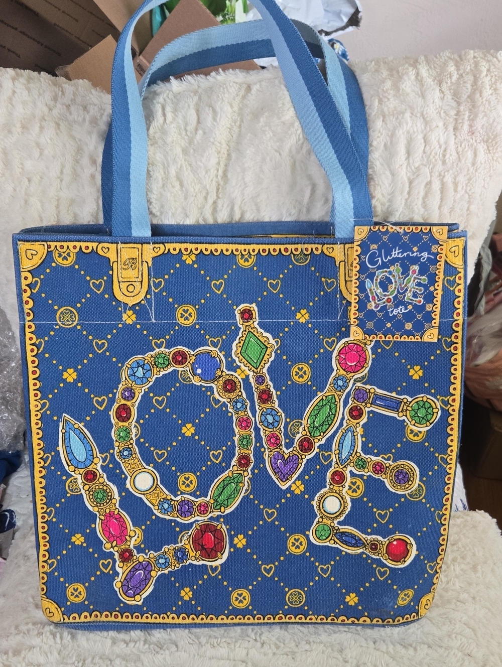 Brighton Blue Tote with Colorful Jeweled LOVE Motif